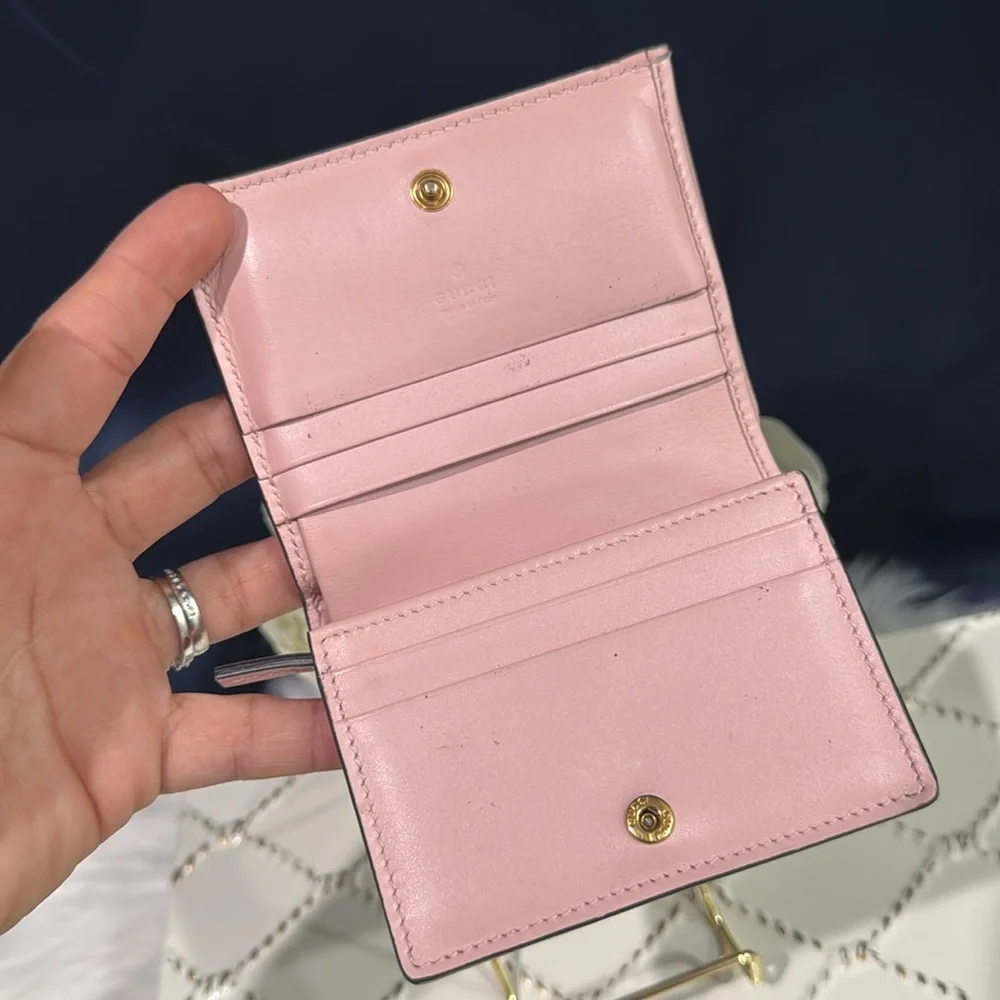 💖GUCCI Guccissima Signature Crystal Cat Card Case Wallet Light Candy Pink